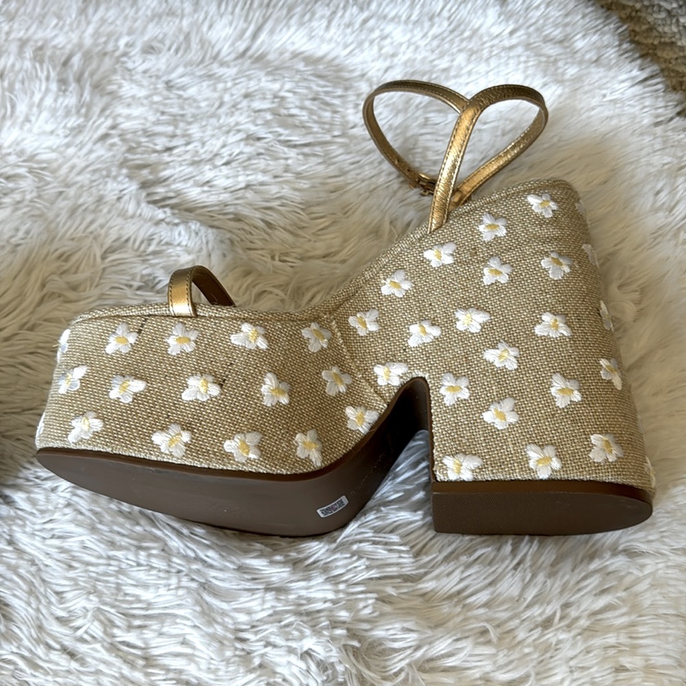 Larroude Wanda Platform Sandals in Gold Leather & Daisy Tan Raffia Rare - Picture 12 of 16